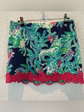 Lilly Pulitzer Navy Multi Floral Mini Skirt with Pink Crochet Trim